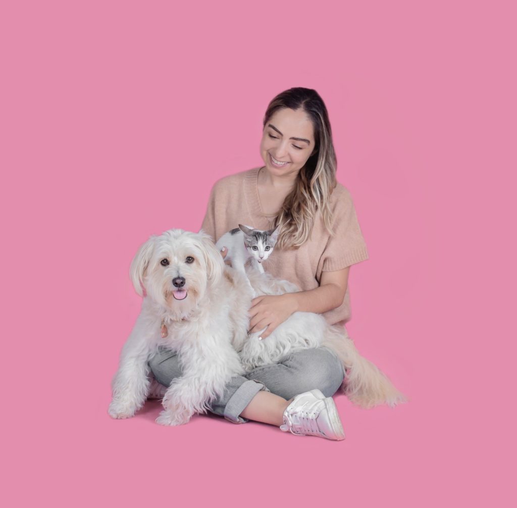 Pink background. Young woman with long hair with blond ends. She is siting on the floor with a beige sweater, grey pants and tennis shoes. A fluffy white dog is sitting on her lap looking at the camera. A small kitty is looking curious sitting on the dogs lap.