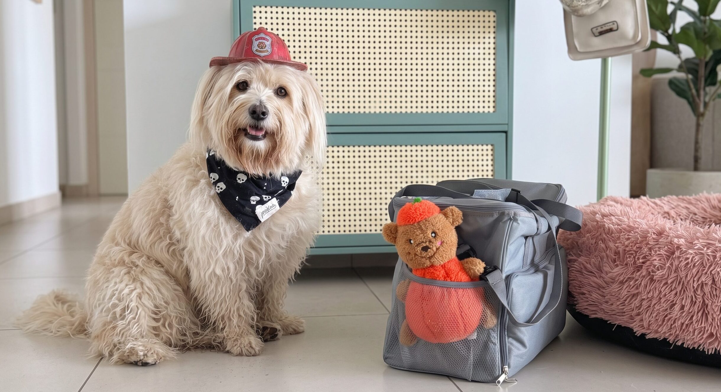 perro con su bolso de emergencia y sombrero de bombero